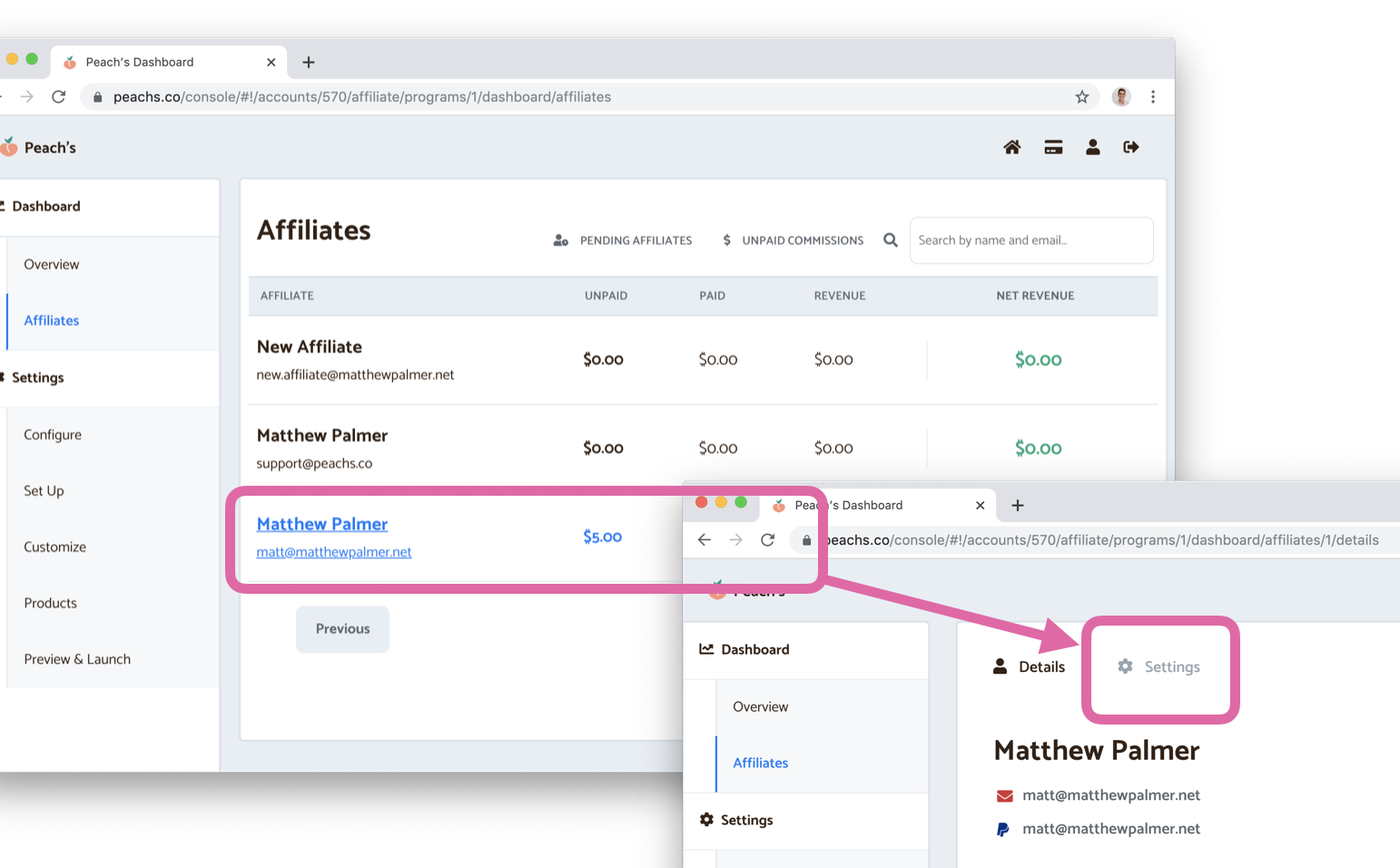 Affiliate settings in Peach's